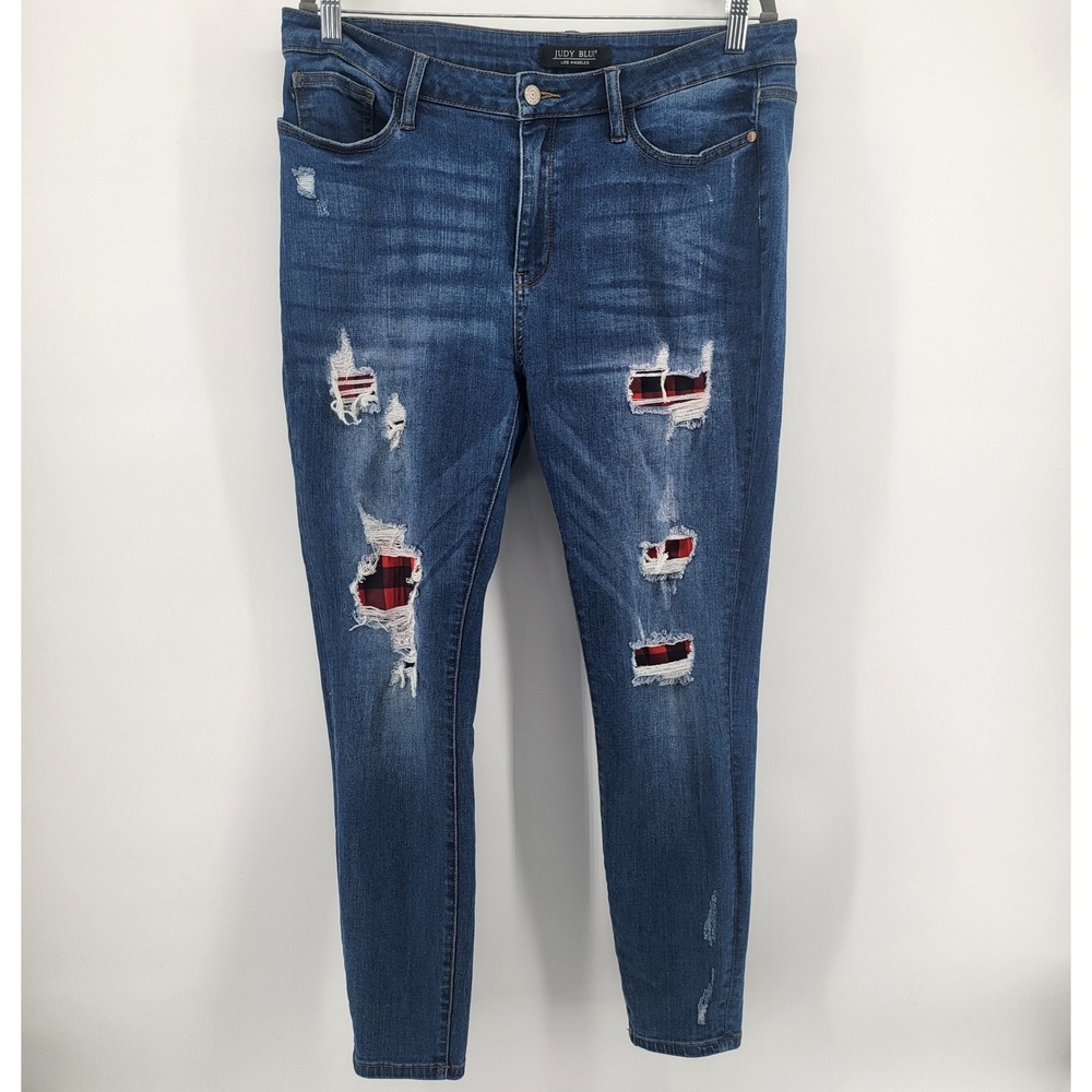 Judy Blue Womens Jeans Size 15/32 Blue Red Plaid Patch Distressed Skinny Denim